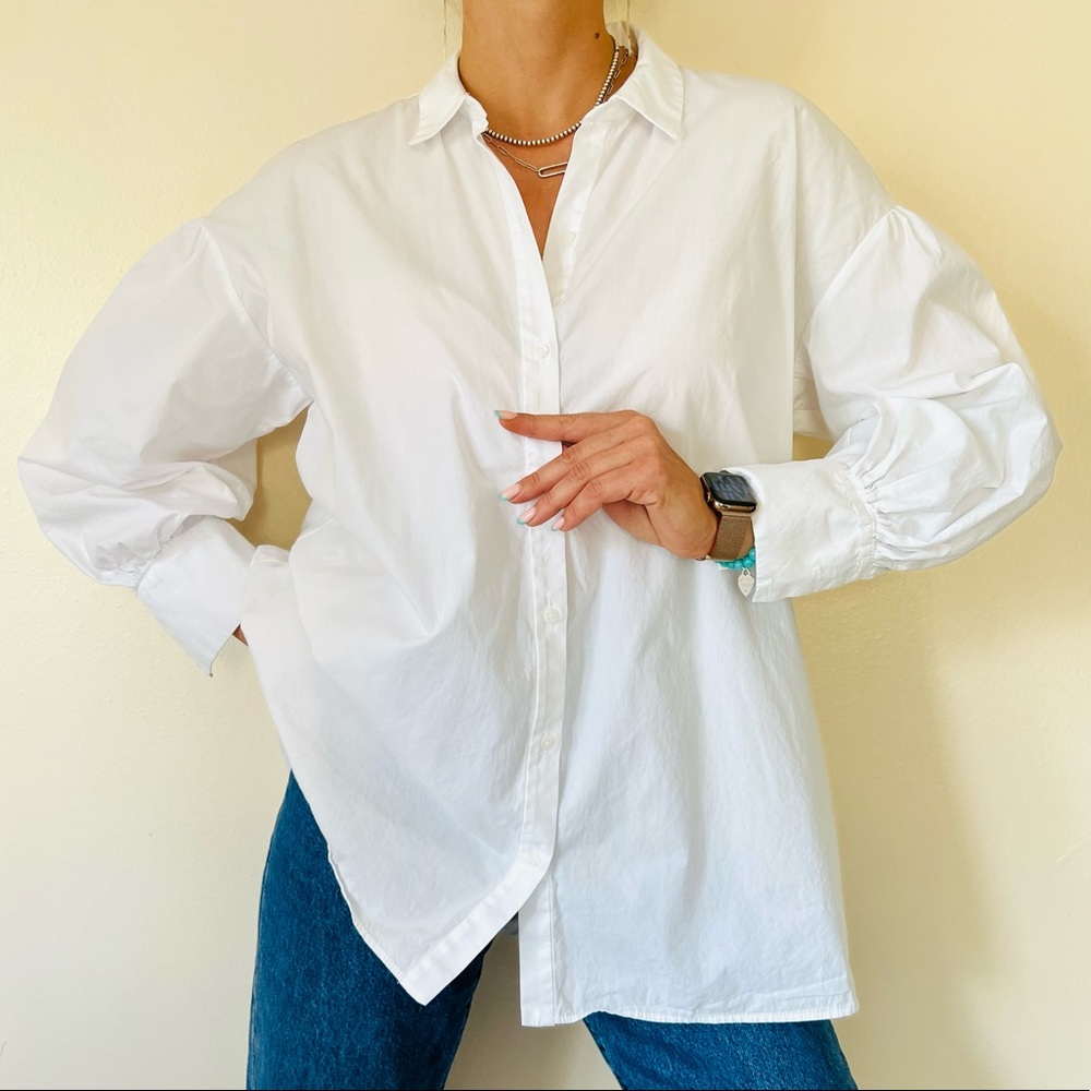 Zara poplin white button down shirt Voluminous puff sleeve